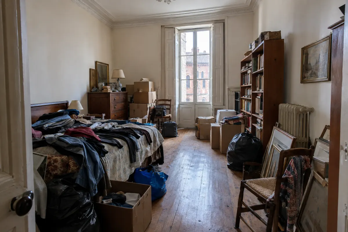 Chambre d'un appartement ancien encombrée de vêtements, de cartons et de meubles avant le débarras