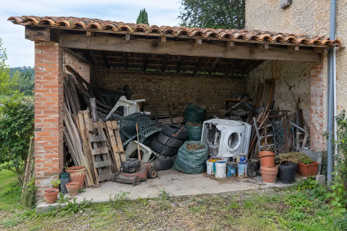 Appentis en brique encombré de planches, de pneus, de pots de peinture, d'une tondeuse et de sacs de déchets verts, avant le débarras