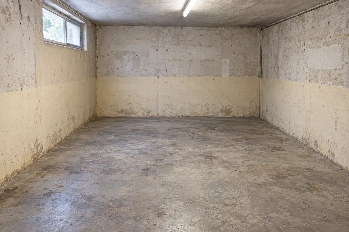 Le même sous-sol entièrement vidé, murs en béton dégagés et sol balayé, après le débarras