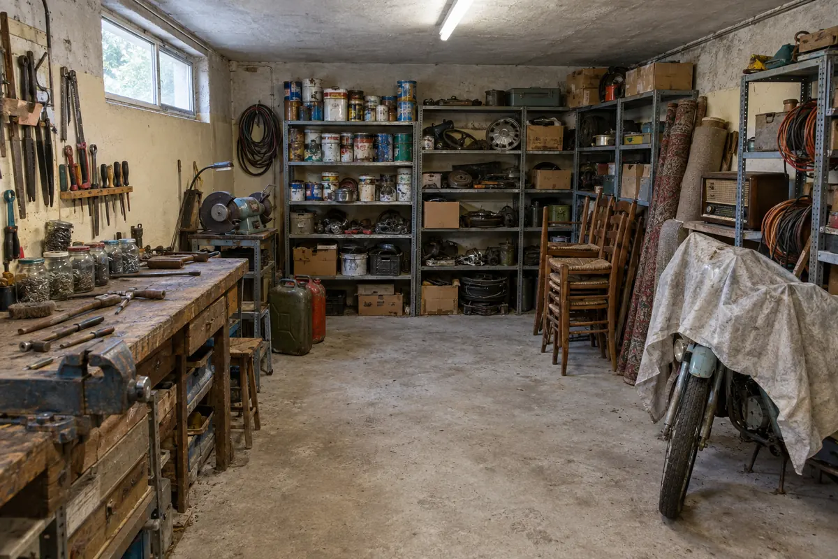 Sous-sol aménagé en atelier, encombré d'un établi avec étau, d'outils, de bocaux de vis, d'étagères métalliques chargées de pots de peinture, de chaises empilées et d'un vieux cyclomoteur bâché, avant le débarras