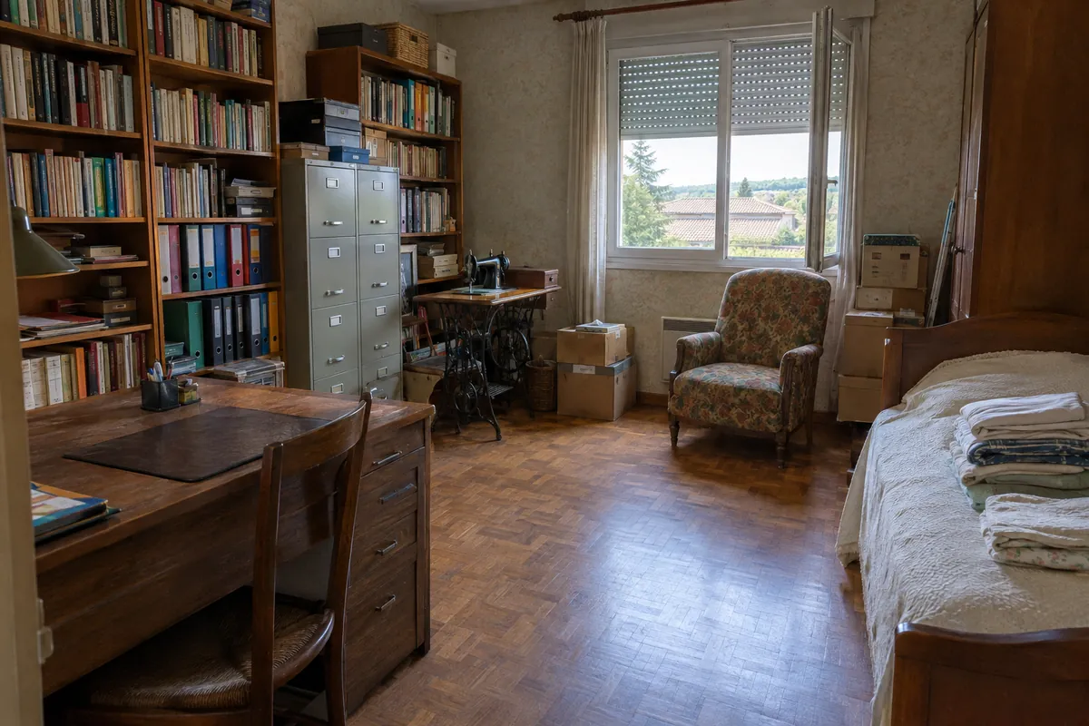 Chambre d'amis servant de bureau, encombrée de bibliothèques pleines, de classeurs, d'un bureau et de cartons, avant le débarras