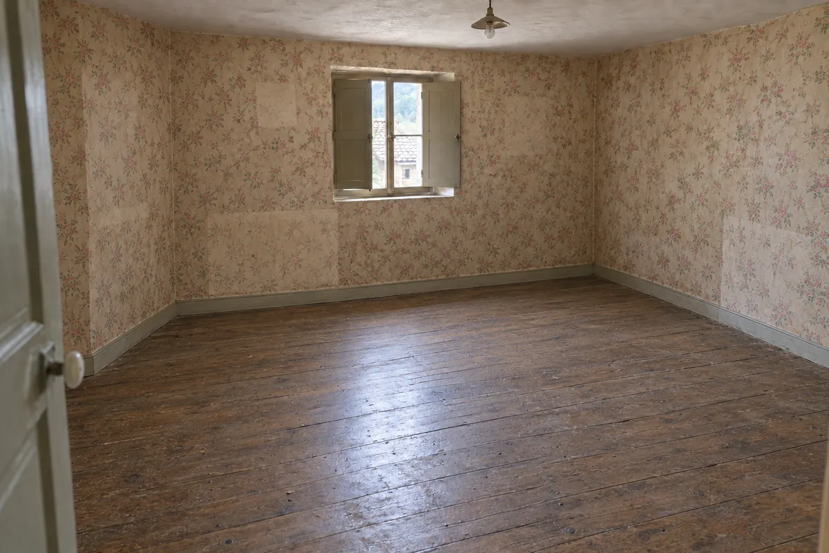 La même chambre entièrement vidée, parquet balayé et murs dégagés, après le débarras