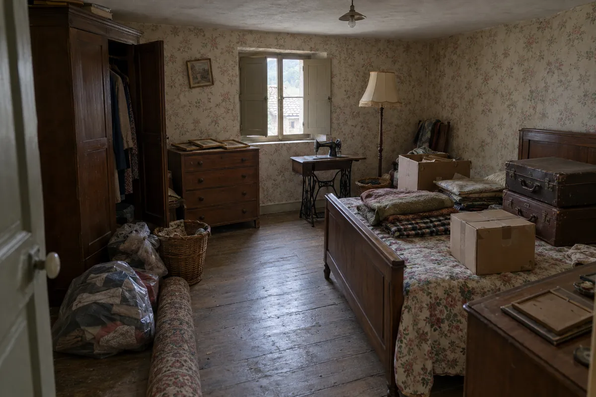 Chambre d'une maison ancienne au papier peint fleuri, encombrée d'une armoire ouverte, d'un lit couvert de couvertures et de cartons, de valises, d'une machine à coudre et de sacs de vêtements, avant le débarras
