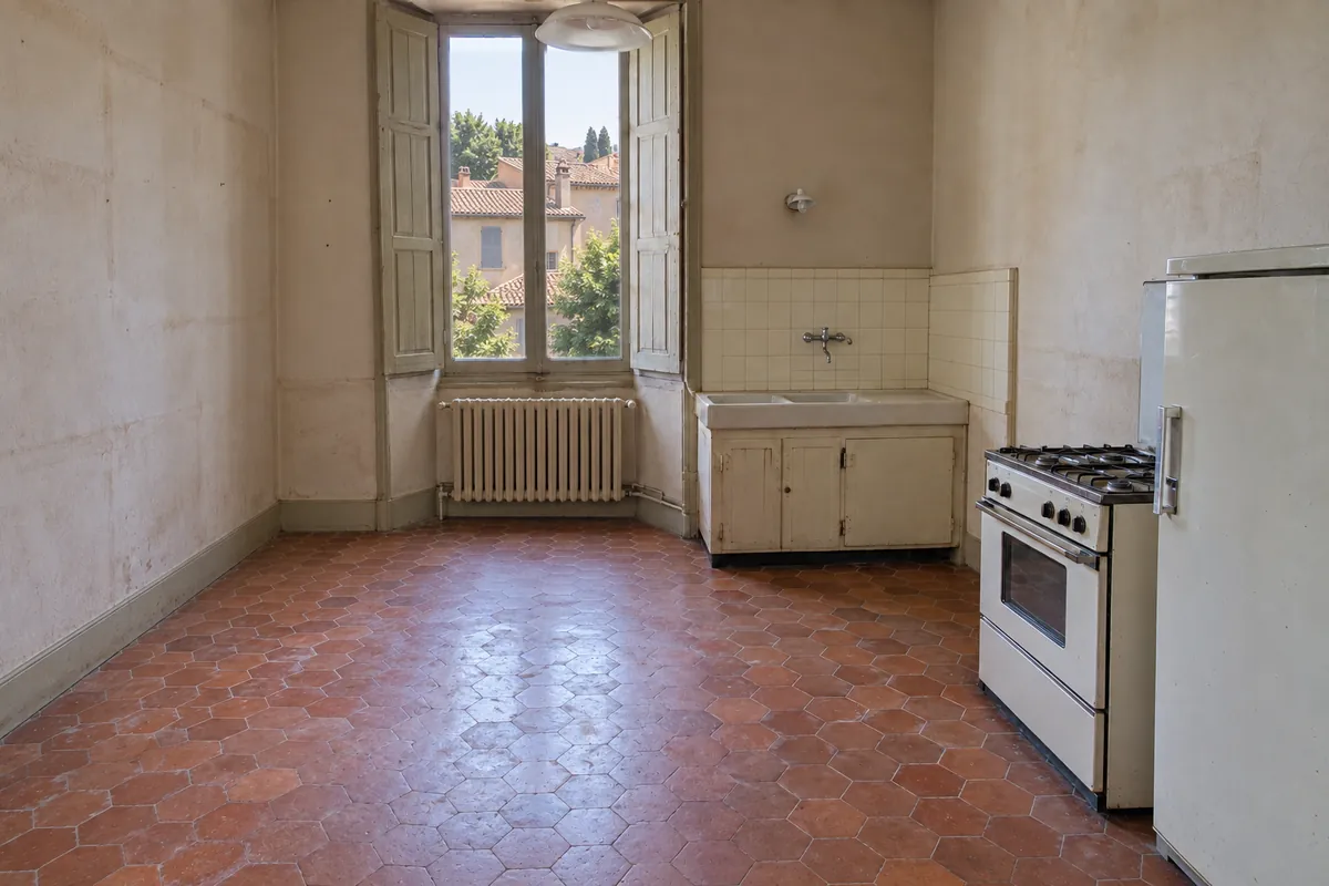 La même cuisine vidée, tomettes et faïence dégagées, après le débarras