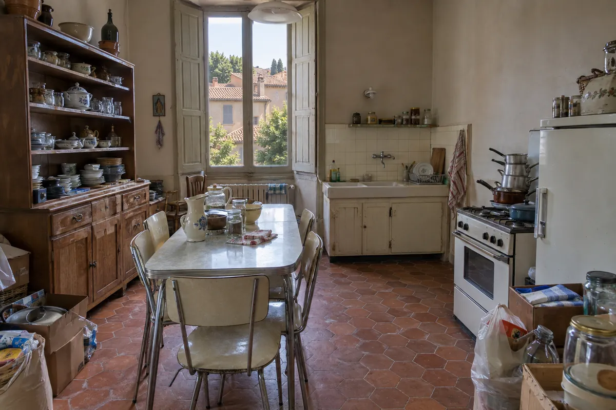 Cuisine d'une maison de famille à Albi encombrée d'un buffet plein de vaisselle, d'une table en formica, de cartons et de sacs, avant le débarras