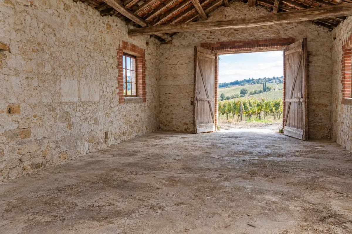La même dépendance entièrement vidée et balayée, charpente et murs dégagés, après le débarras