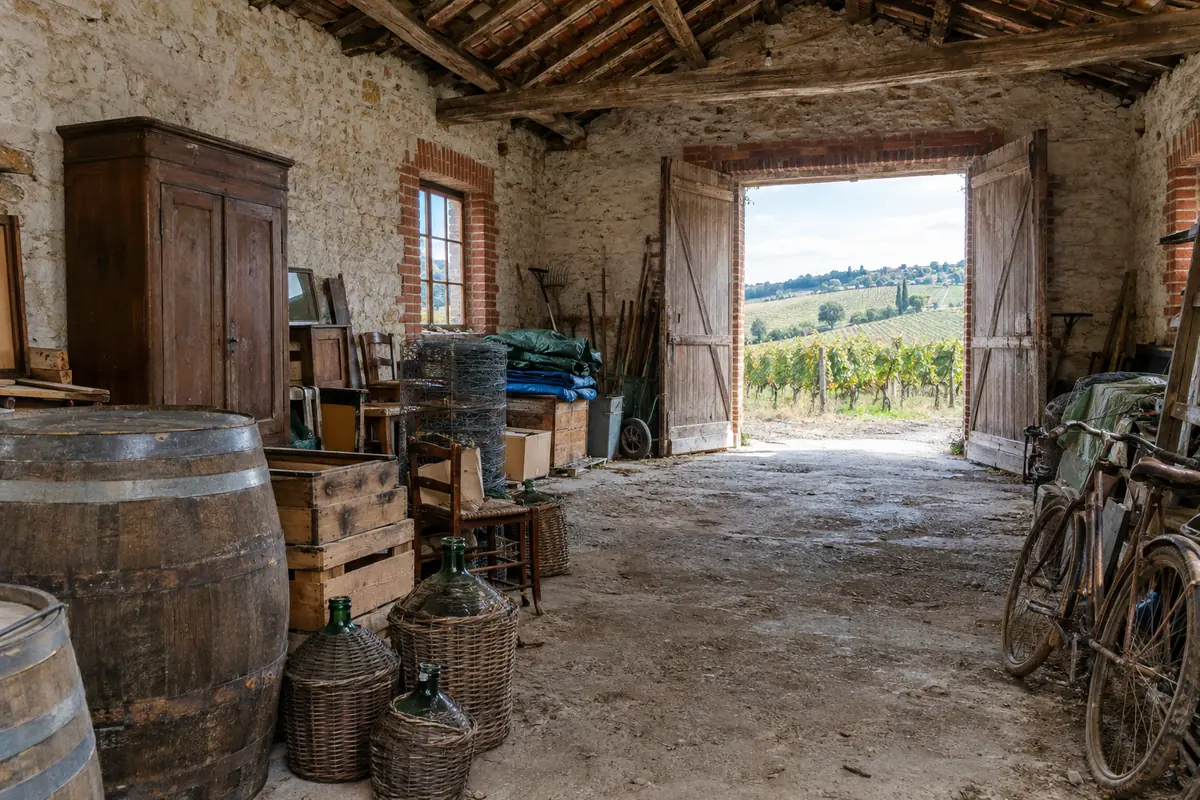 Dépendance en pierre et brique d'une maison vigneronne près de Gaillac, encombrée de barriques, de dames-jeannes, de caisses à vin et de vieux meubles, avant le débarras