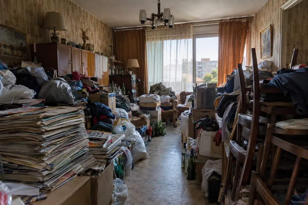 Séjour d'un appartement très encombré de piles de journaux, de sacs, de cartons et de vêtements, avant l'intervention