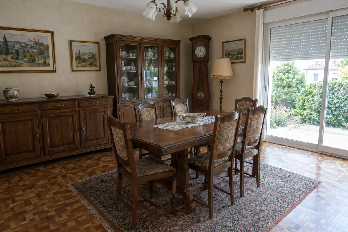 Salle à manger d'un pavillon des années 1970 avec buffet, vaisselier plein, table, chaises et horloge, avant le débarras
