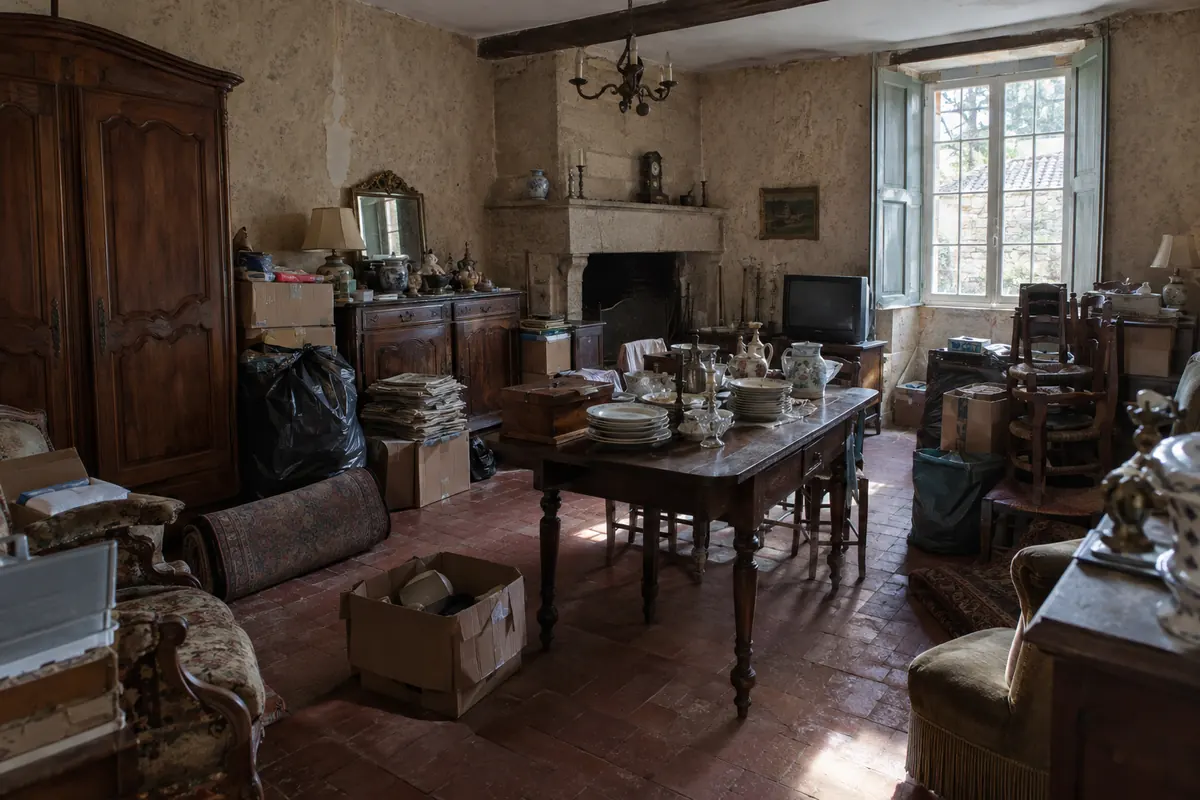 Séjour d'une maison ancienne encombré de meubles, de cartons et de vaisselle avant le débarras