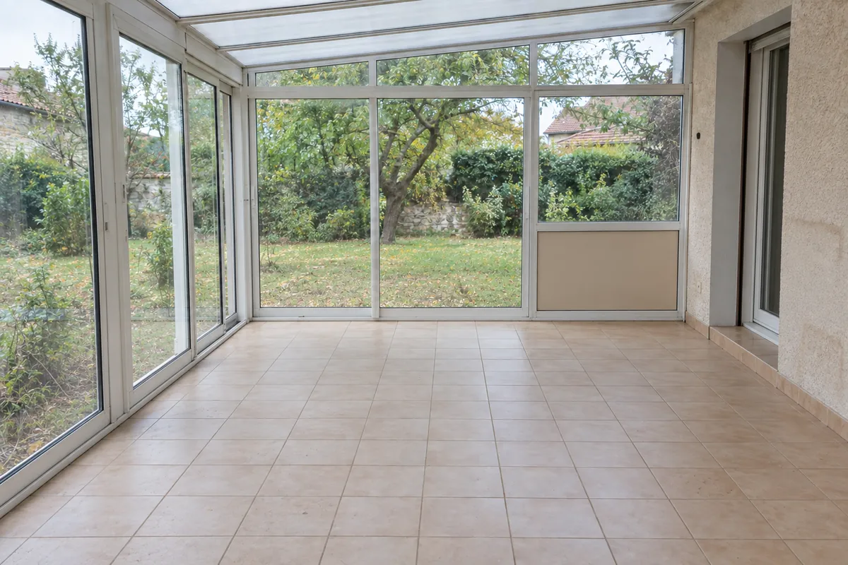 La même véranda entièrement vidée, carrelage dégagé, après le débarras