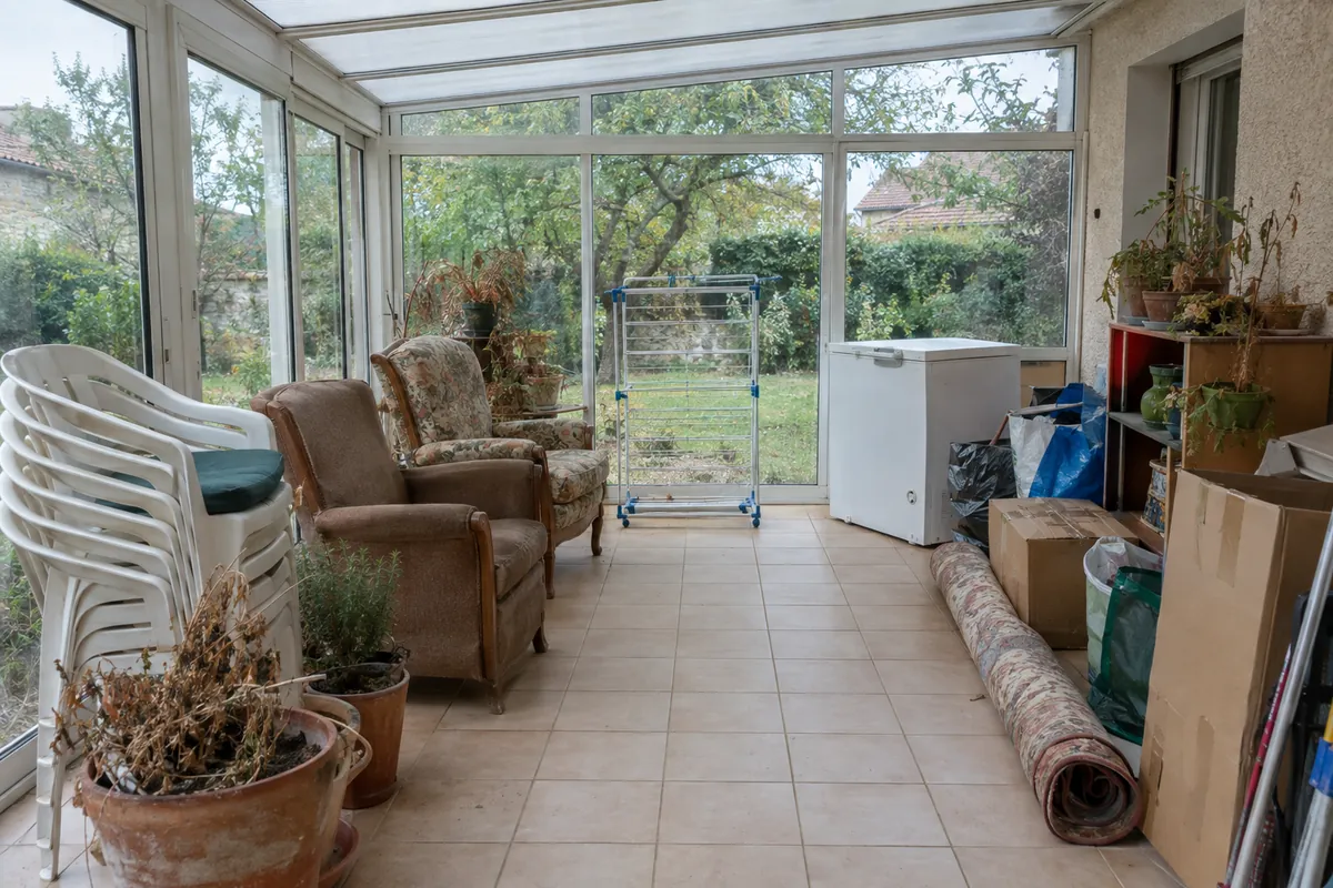 Véranda d'un pavillon encombrée de chaises de jardin, de fauteuils, de plantes et de cartons avant le débarras