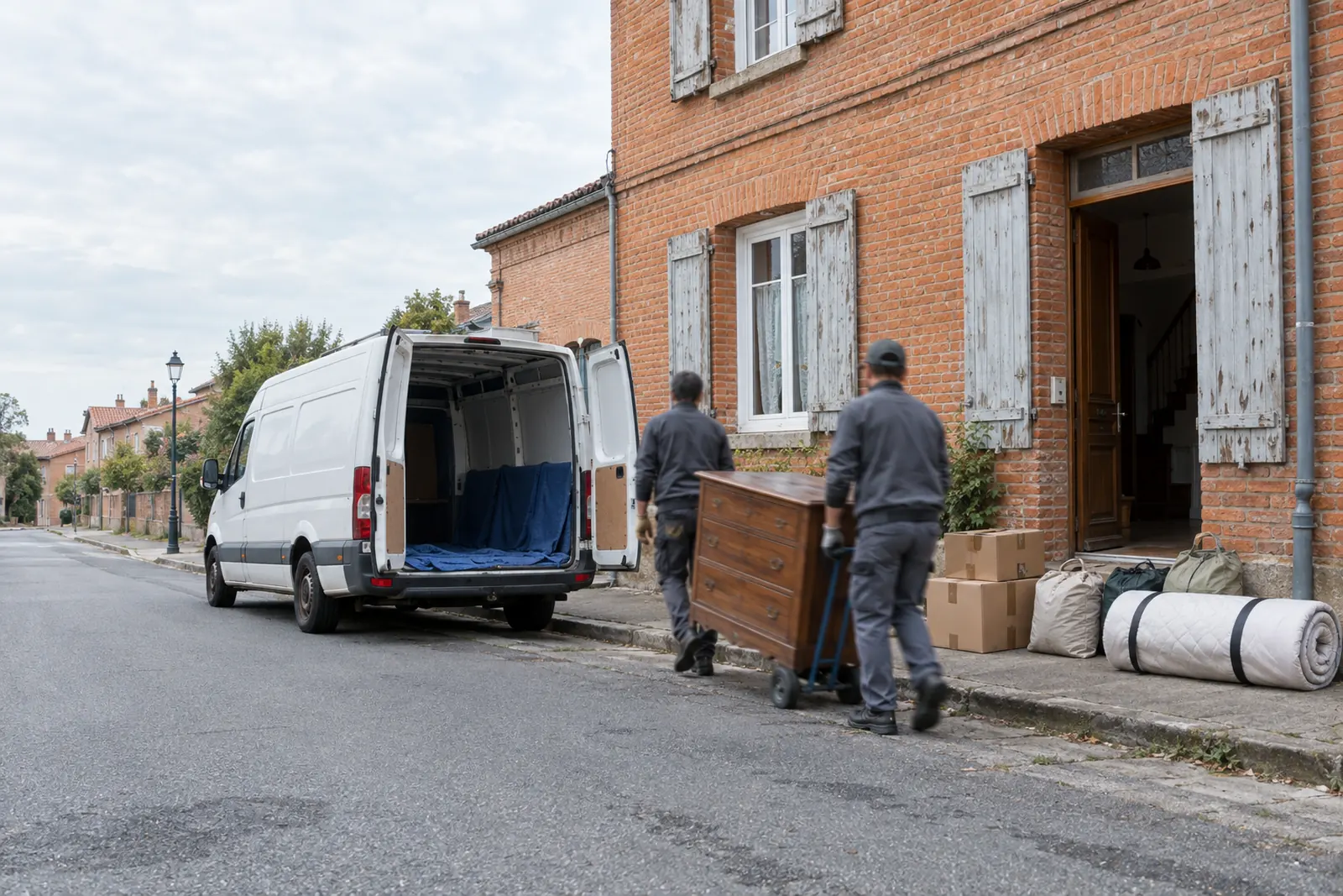 Deux intervenants sortent une commode ancienne vers un fourgon devant une maison de ville en brique, pendant un débarras à Albi