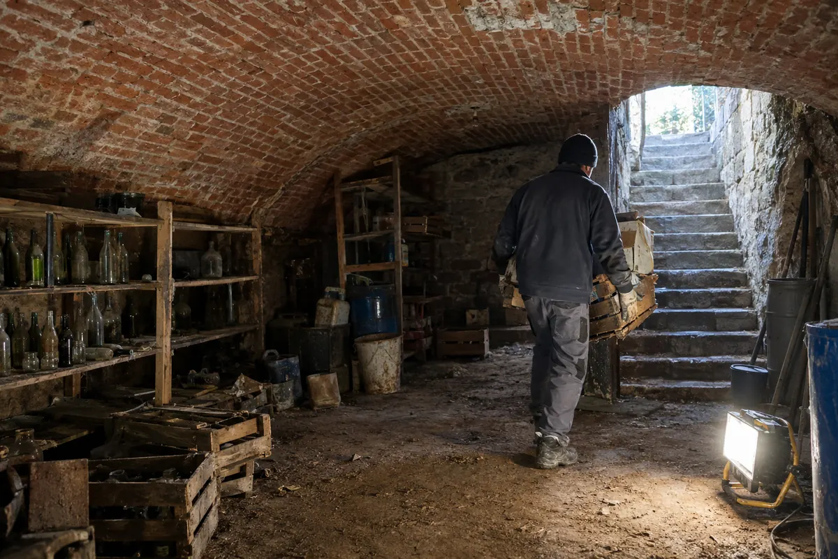 Intervenant sortant des cagettes d'une cave voûtée en brique éclairée par un projecteur de chantier