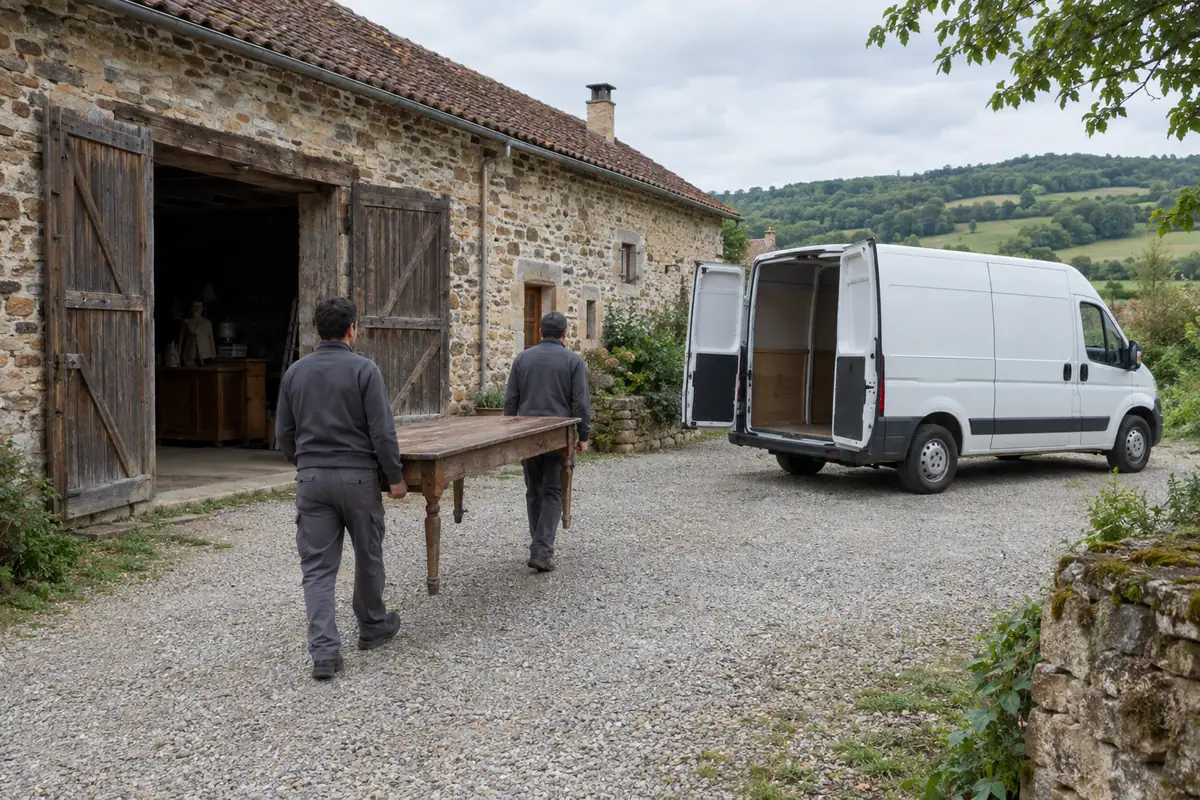Deux intervenants sortent une table de ferme vers un fourgon, dans la cour d'un corps de ferme en pierre du Ségala