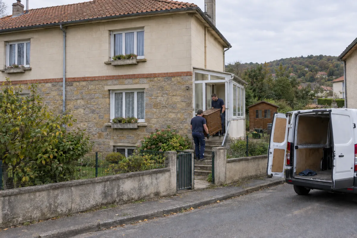 Deux intervenants sortent une commode d'une maison jumelle en grès et béton, typique des cités minières du Carmausin, vers un fourgon garé devant le jardin