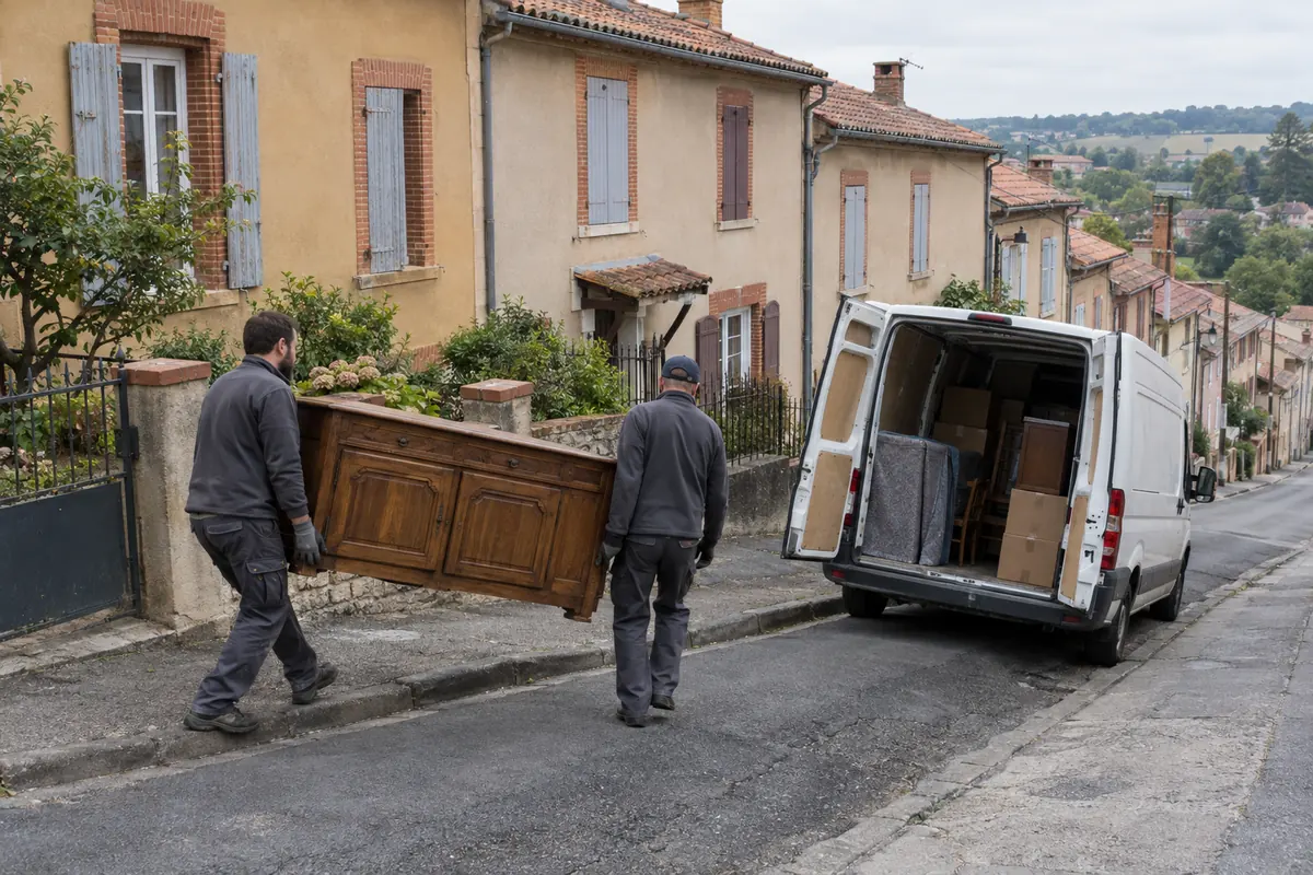Deux intervenants descendent un buffet ancien vers un fourgon garé dans une rue en pente bordée de maisons mitoyennes à enduit ocre