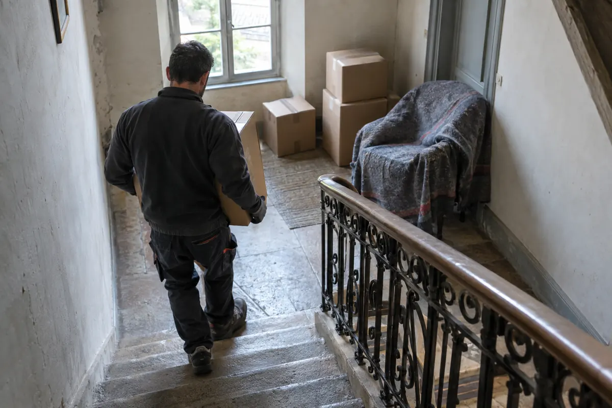 Intervenant descendant un carton dans l'escalier d'une maison familiale en cours de débarras après une succession