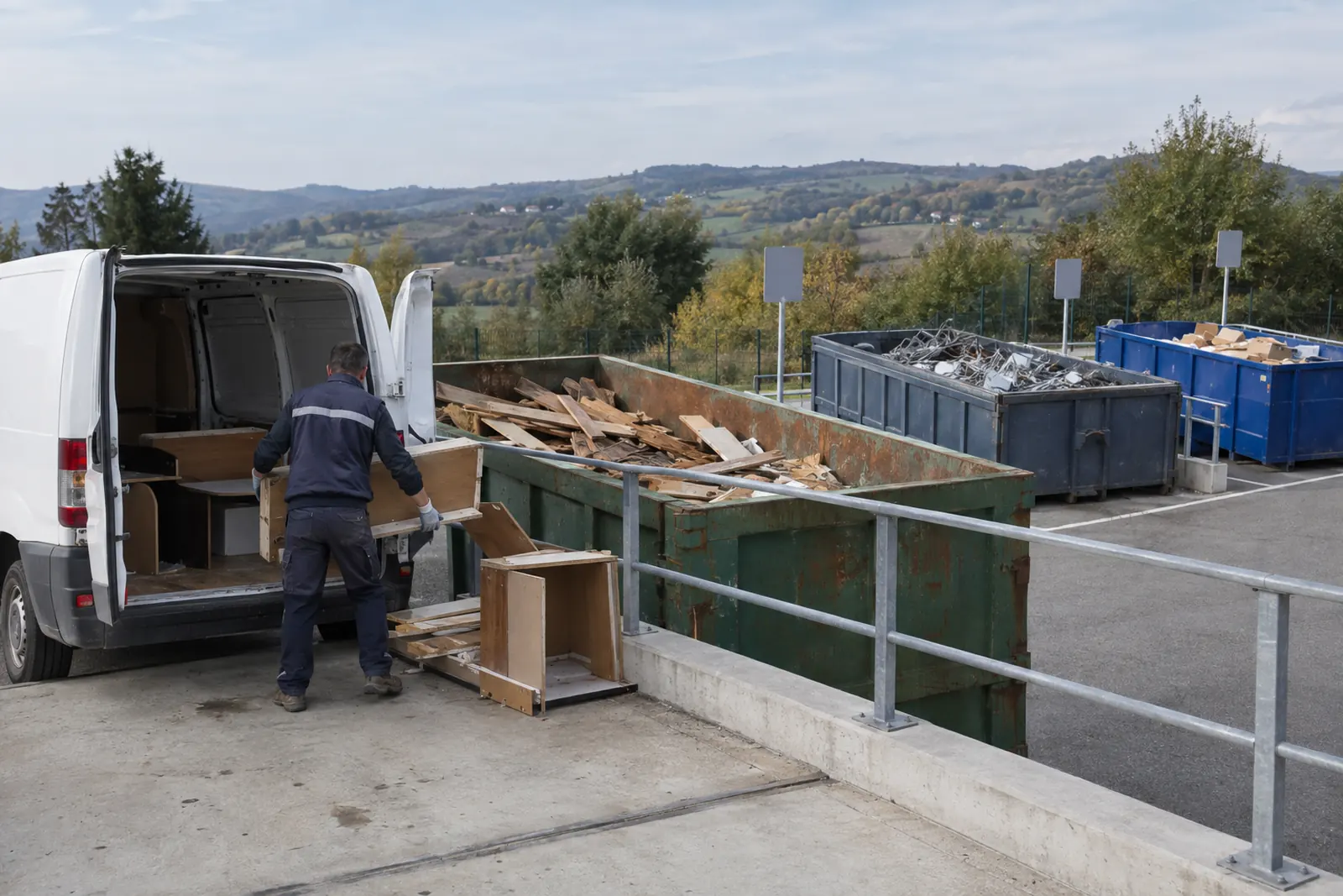 Déchargement de planches et d'un meuble démonté dans la benne à bois d'une déchetterie du Tarn