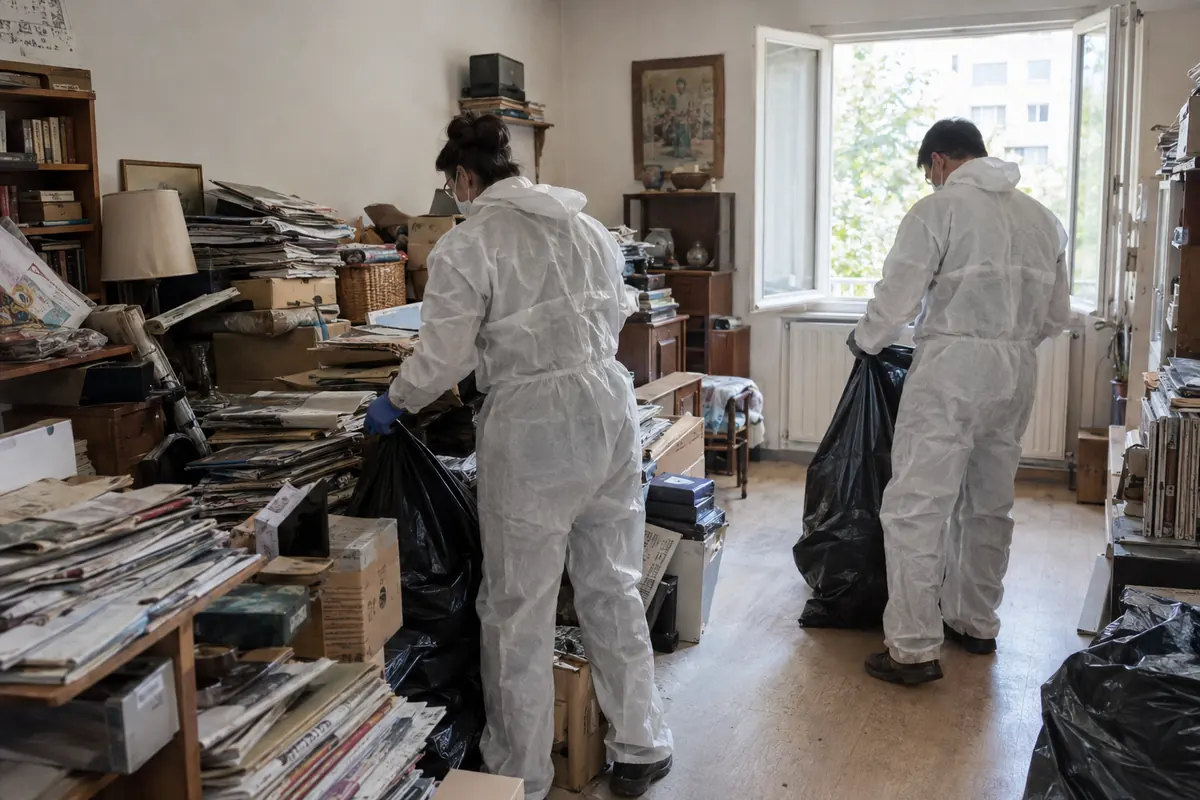Deux intervenants en combinaison de protection remplissent des sacs dans un logement très encombré, fenêtre ouverte