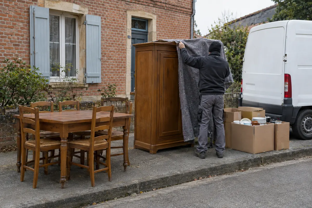 Table en bois massif, chaises et armoire en bon état mis de côté sur le trottoir pour le réemploi, pendant un débarras