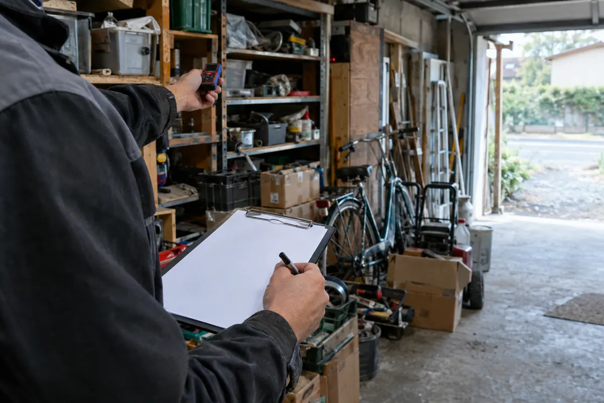 Professionnel prenant des mesures au télémètre laser et des notes sur une planchette pendant la visite de devis d'un garage encombré